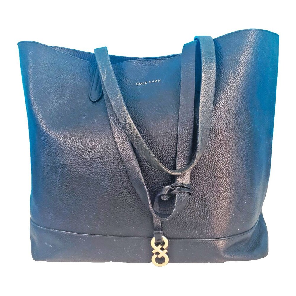 Cole Haan Black Pebbled Leather Tote Bag Silver Hardware Shoulder Purse Work